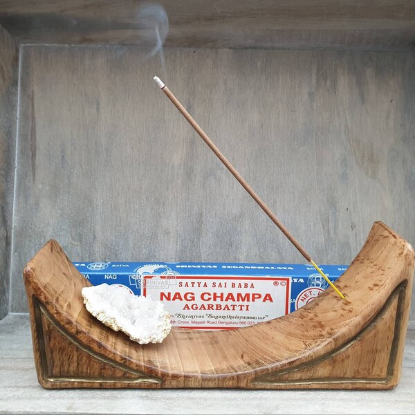 Solid wood incense ash catcher with quartz druzy and nag champa pack.