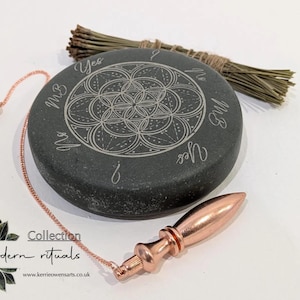Mini welsh slate pendulum dowsing board stone and incense holder with geometric print.