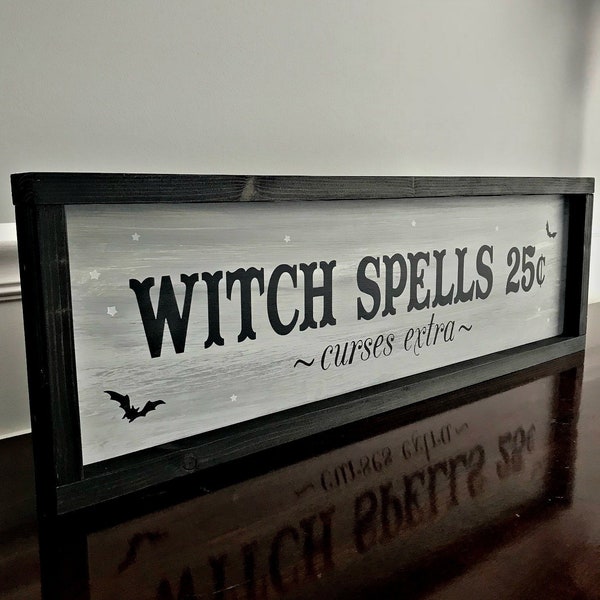 Witch Spells 25 Cents Curses Extra Framed Halloween Wood Sign | Halloween Decor | Spooky Farmhouse Sign | Witch Wiccan Goth Gypsy Decor |