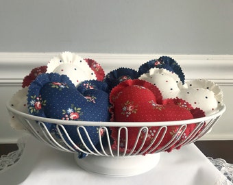 Americana Fabric Hearts in Basket: Patriotic Cottagecore Decor