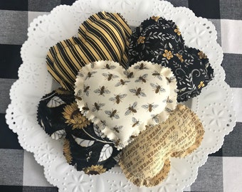 Honeybee Fabric Hearts, Farmhouse Honeybee Heart Bundle