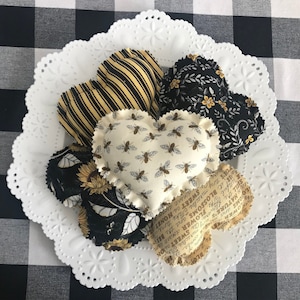 Farmhouse Honeybee Fabric Hearts, Bee Fabric Heart Decor, Summer Decor, Tiered Tray Decor, Bee Heart Bundle,  Heart Bowl Fillers, Ornaments
