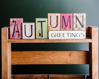 Autumn Greetings Chunky Wood Block Sign, Fall Decor