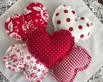 Handmade Valentine’s Day Red and White Fabric Hearts, Tiered Tray Decor, Heart Bundle