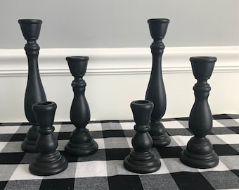 Black Wood Halloween Candle Holders, Set of 3, Witch Goth Victorian Decor