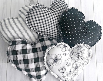 Farmhouse Fabric Hearts Decor, Black & White Prints, Bowl Fillers, Fabric Heart Bundle