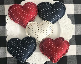 Americana Fabric Hearts, Farmhouse Patriotic Bowl Fillers, Tiered Tray Decor