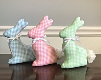 Farmhouse Fabric Easter Bunnies, Easter Decor, Spring Decor, Farmhouse Decor, Tiered Tray Decor, Easter Bowl Fillers, Checked Easter Bunnies