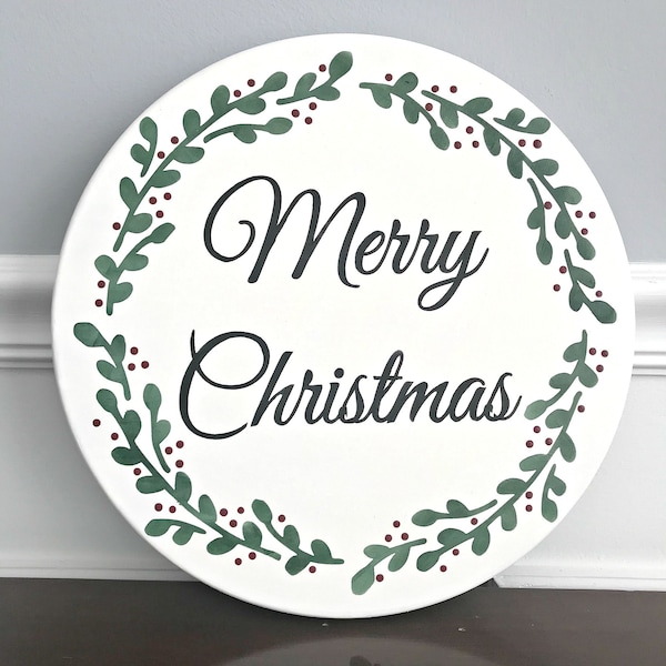 Merry Christmas Round Wood Sign | Farmhouse Rustic Style Christmas Sign | Christmas Holiday Decor | Holiday Wall Art | Hand Painted Sign