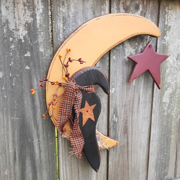 Primitive Crow on the Moon Folk Art Wall Hanging, Rustic Autumn Halloween Decor