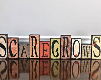 Scarecrows Word Blocks Sign: Fall Autumn Decor