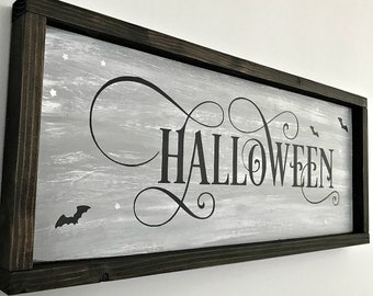 Halloween Wood Sign | Halloween Sign with Bats and Stars | Halloween Wall Decor | Framed Halloween Sign | Halloween Decor | Spooky Halloween