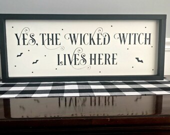 Wicked Witch Lives Here Framed Wood Sign, Handmade Fall Halloween Decor