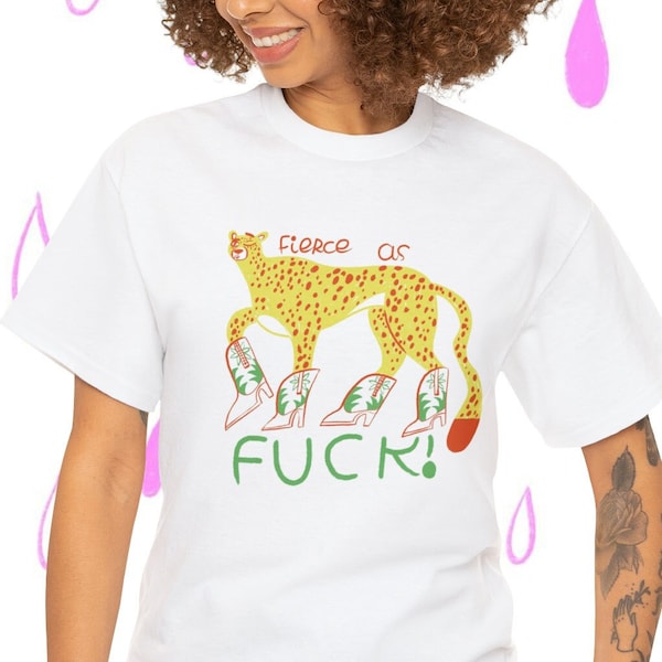 Quirky Cheetah illustrated top Unisex Heavy Cotton Tee cheetah cat with cowboy boots