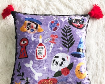 Witch tattoo flash cushion | red tassel luxury velvet alternative home decor