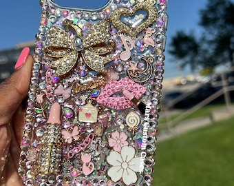 Telefoonhoesje met bling-bling, roze bedels, gepersonaliseerde iPhone- en Android-telefoonhoesjes