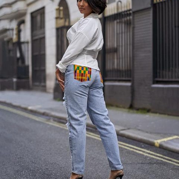 African Print trousers, Ankara jeans, distressed jeans, Mom jeans,   Kente Print,