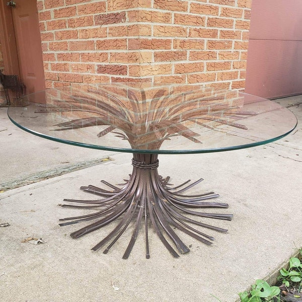 Vintage Sheaf of Wheat Italian Coffee Table ~ Gilt Bronze Blossoming Wheat ~ Round Glass Hollywood Regency Cocktail Table