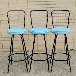 Set of 3 Atomic Swivel Barstools ~ Vintage Aqua/Black Comfort Line Chairs ~ MCM Tubular Metal Bar Seating