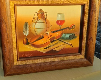 Framed Still Life Painting on Board ~  Violin, Lamp, Wine Glass, Quill Pen ~ Signed L Habady