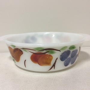 Fire-King Gay Fad 1 1/2 Quart Casserole Fruit Design ~ Vintage Baking Dish ~ Kitschy Kitchen ~ Milk Glass ~ Grapes, Peaches