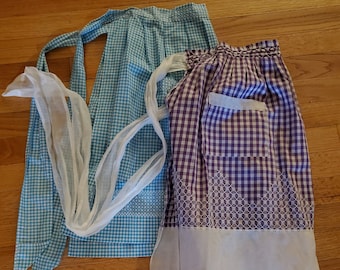 Vintage 1950s Gingham Plaid Apron ~ Blue ONLY ~ Purple Sold ~ Check Pattern ~ Cross Stitch