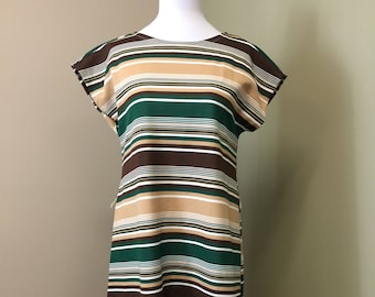 Robe droite à rayures vintage pour femmes ~ Taille 11-12 ~ Maille de polyester ~ Robe rétro sans manches des années 1960 au genou ~ Vert marron Beige blanc