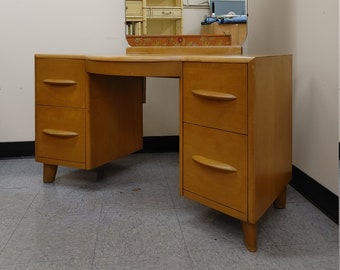 Heywood Wakefield Victory 4 Drawer Vanity with Mirror~ Wheat Finish ~ Birch ~ Art Deco ~ 1940's ~ Rare Style