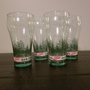 Libbey Coca-Cola Christmas Glasses ~ Set of 4 ~ Pine Trees ~ Holly Berry