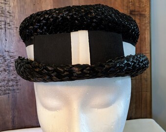 1960's Black Raffia Cellophane Straw Hat ~ Boho Chic ~ Summer ~ Spring ~ Fall ~ Vintage