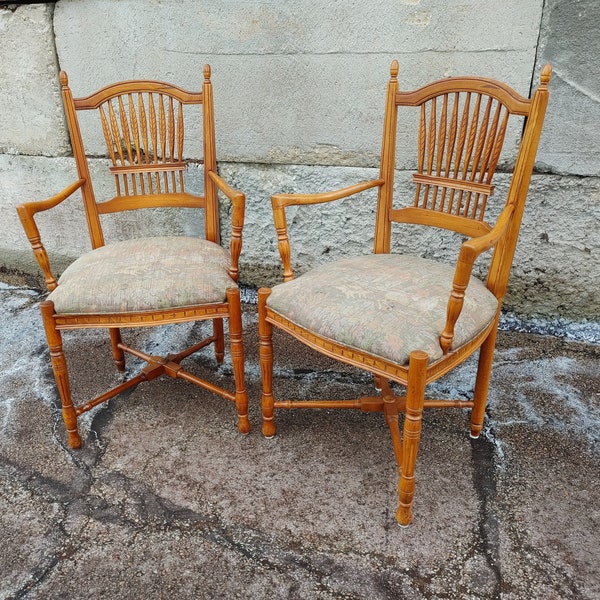 Ethan Allen Legacy Armchairs ~ Weathered Maple ~ Country French ~ Wheat Sheaf Spindles ~ Farmhouse ~ Cottage ~ Hunting Scene Fabric