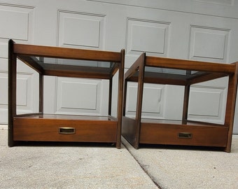 Vintage Walnut End Tables with Smoked Glass Tops ~ Pair of Mid Century Modern Side Tables ~