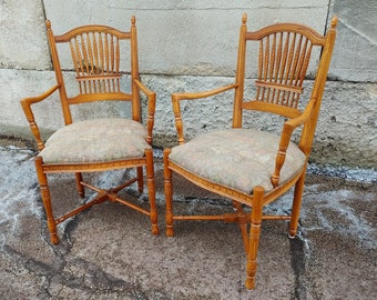 Ethan Allen Legacy Armchairs ~ Weathered Maple ~ Country French ~ Wheat Sheaf Spindles ~ Farmhouse ~ Cottage ~ Hunting Scene Fabric