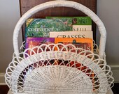 Vintage White Wicker Magazine Holder Towel Basket Chippy Boho Storage