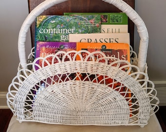 Vintage White Wicker Magazine Holder ~ Towel Basket ~ Chippy Boho Storage