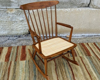 Danish Modern Wooden Rocking Chair ~ Tapered Spindles ~ Caned Seat ~ Sculpted Arms