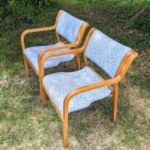 Pair of Thonet Bentwood Arm Chairs ~ Minimalist Seating ~ Original Blue Vinyl Fabric ~ Vintage Stacking Chairs