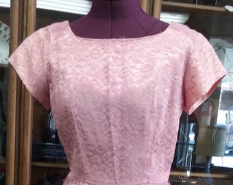 Vintage Pink Lace Overlay Dress ~ Taffeta ~ Women's Short Sleeve ~ Formal ~ 1950s