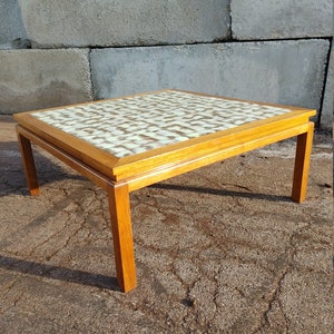 Vintage Square Ceramic Tile & Wood Coffee Table ~ Large Vintage Cocktail Table ~ White, Gold ~ Solid Wood Structure