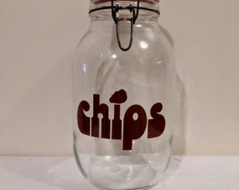 CHIPS Vintage 1970's French Triomphe Glass 3 Liter Canister Jar w/Mod Red Font ~ Retro Snack Storage Jar ~ Bail Lid ~ Airtight Rubber Seal