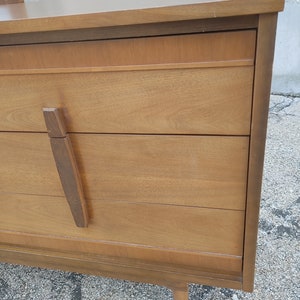 Vintage Danish Modern Double Dresser w/Offset Mirror ~ Burlwood Vertical Pulls ~ Tapered Legs ~ 6 DrawerCredenza ~ MCM image 6