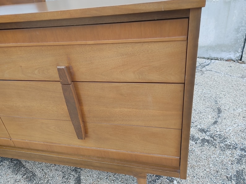 Vintage Danish Modern Double Dresser w/Offset Mirror ~ Burlwood Vertical Pulls ~ Tapered Legs ~ 6 DrawerCredenza ~ MCM image 6
