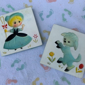 Mary Had A Little Lamb Wall Plaque Set ~ Chalkware Nursery Rhyme Pair - Vintage Nursery Decor ~ Baby&#39;s Room