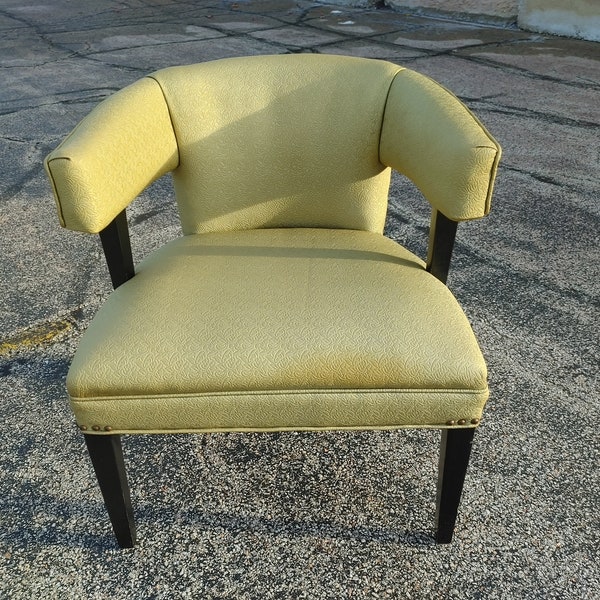 Vintage Upholstered Barrel Chair  ~ 1940's Atomic Open Arm Chair ~ Gold Vinyl ~ Tapered Legs ~ Nailhead Trim ~ Retro Occasional Chair