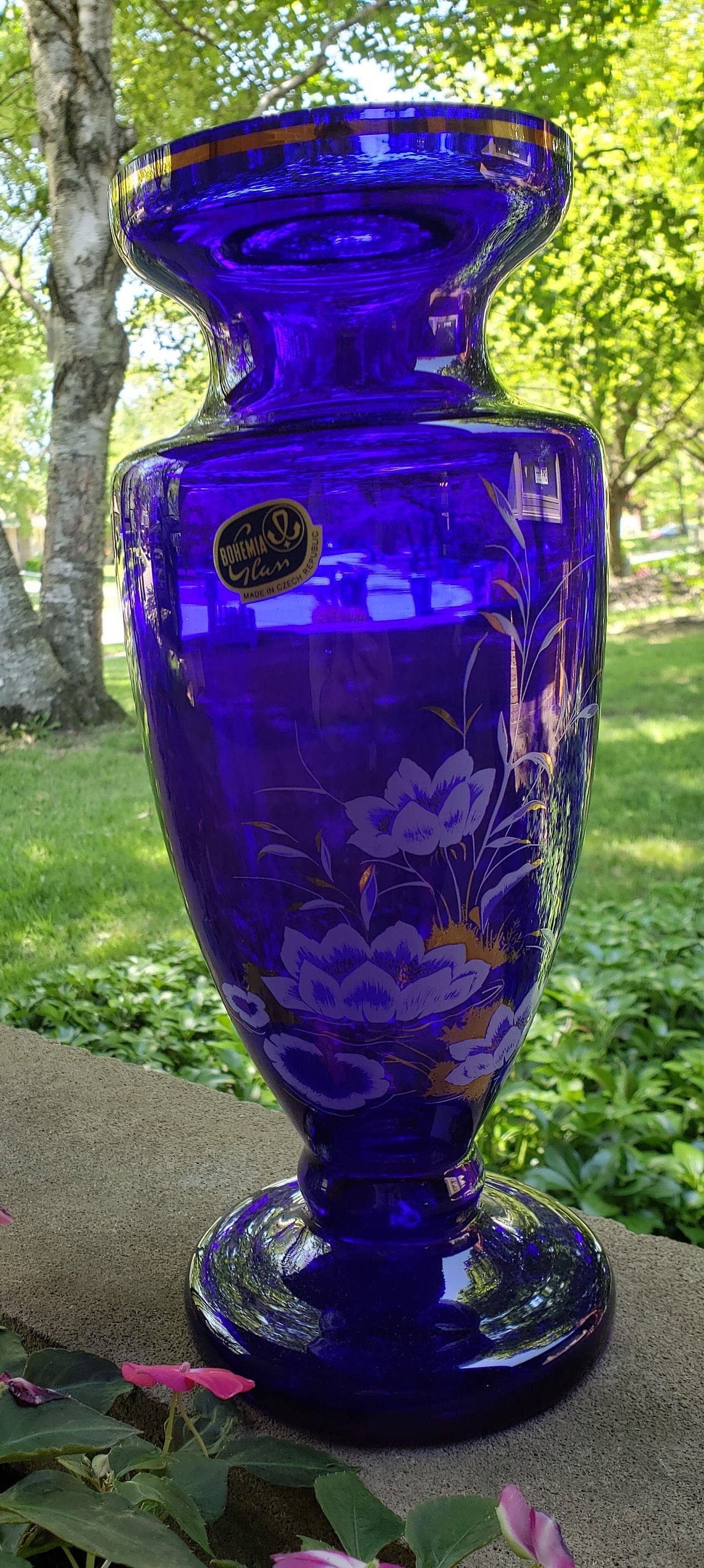 Bohemia Czech Republic Cobalt Blue Glass Vase ~ White Water Lilies