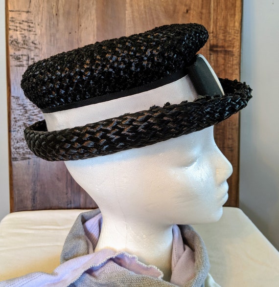 1960's Black Raffia Cellophane Straw Hat ~ Boho C… - image 4