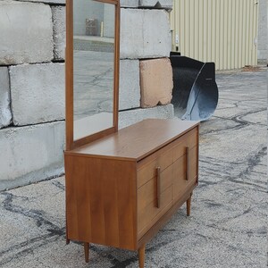 Vintage Danish Modern Double Dresser w/Offset Mirror ~ Burlwood Vertical Pulls ~ Tapered Legs ~ 6 DrawerCredenza ~ MCM image 2