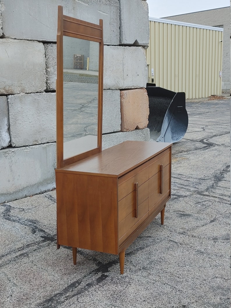 Vintage Danish Modern Double Dresser w/Offset Mirror ~ Burlwood Vertical Pulls ~ Tapered Legs ~ 6 DrawerCredenza ~ MCM image 2