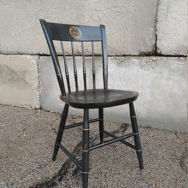 Nichols and Stone Thumb Back Early Colonial Chair ~ University of North Dakota ~ Black Lacquer w/Gold Accents ~ Vintage Side Chair