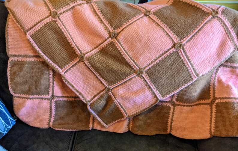 Vintage Hand Crocheted Wool Afghan Blanket Pink Brown Etsy